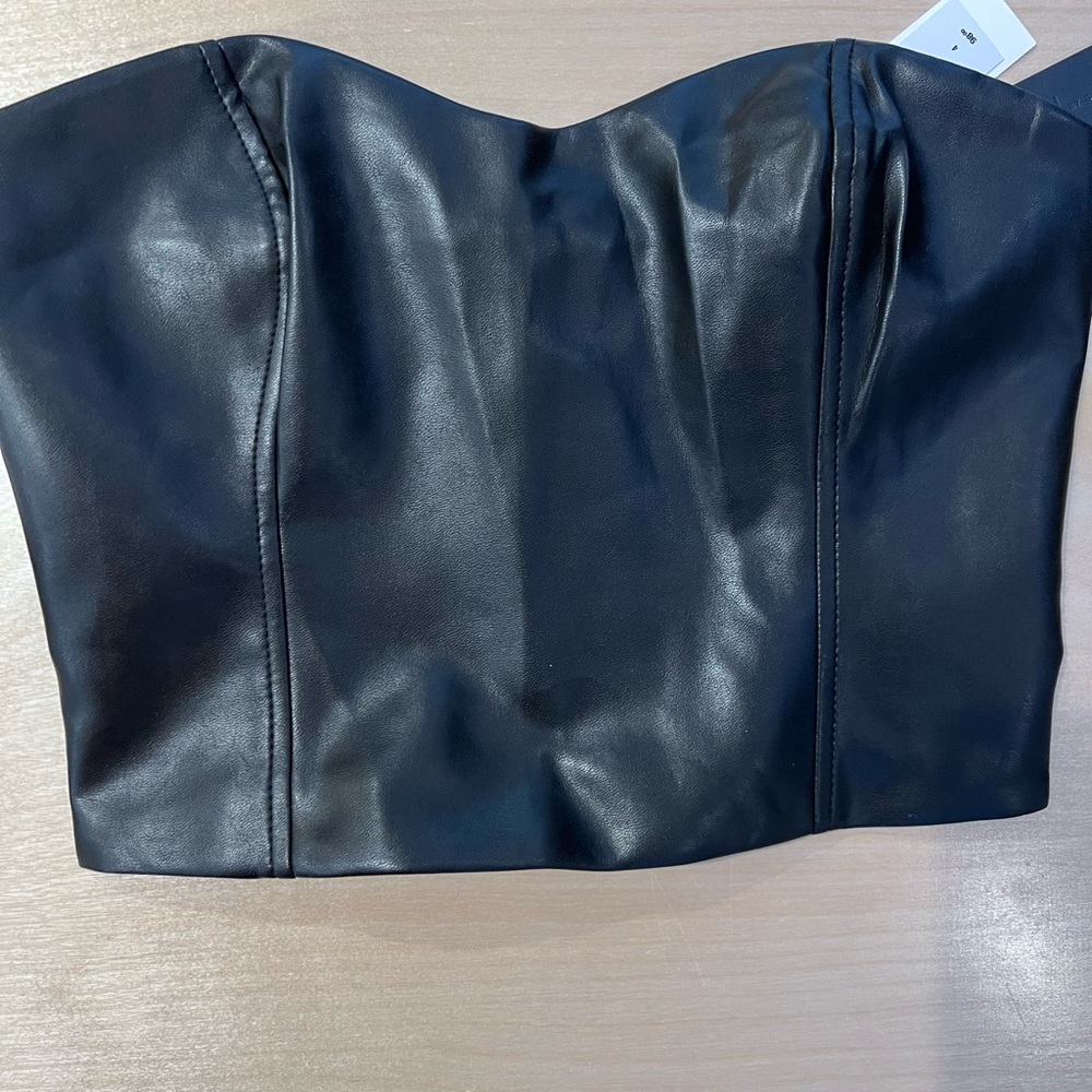 Babaton Black Faux Leather Strapless Corset Top